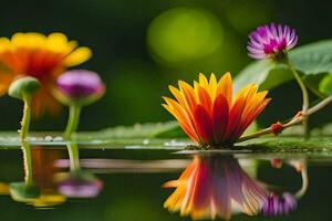 colorful flowers in the water with green leaves. AI-Generated photo