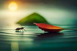 a beetle is standing on the water with a leaf. AI-Generated photo