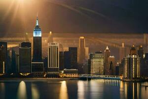 el ciudad horizonte es iluminado arriba a noche. generado por ai foto