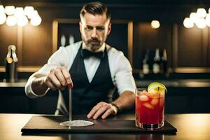 un barman torrencial un cóctel dentro un vaso. generado por ai foto