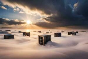 clouds and a sun rising over a field of buildings. AI-Generated photo