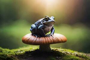 a frog sits on top of a mushroom in the forest. AI-Generated photo