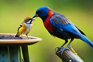 a blue and red bird is standing next to a yellow bird. AI-Generated photo