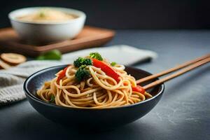 chinese noodles in a bowl with chopsticks. AI-Generated photo