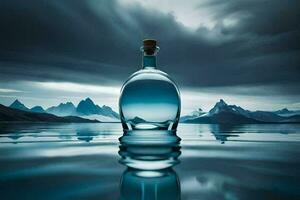 a bottle of water sitting on the water with mountains in the background. AI-Generated photo