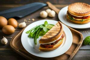 a sandwich with eggs, tomatoes and green beans on a plate. AI-Generated photo