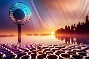 a futuristic looking object with a circular shape in the middle of a lake. AI-Generated photo