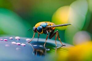 a bee with yellow and blue wings sitting on a leaf. AI-Generated photo