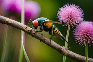 a fly is sitting on a branch with purple flowers. AI-Generated photo