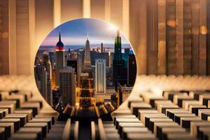 a cityscape is reflected in a glass sphere. AI-Generated photo
