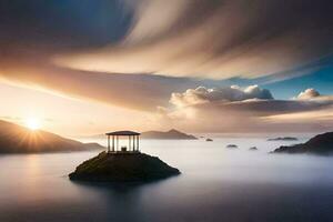 un Kiosko se sienta en un isla en el medio de el océano. generado por ai foto