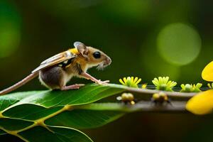 a mouse is sitting on a leaf with yellow flowers. AI-Generated photo