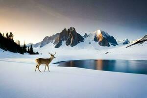 un ciervo soportes en el nieve cerca un lago. generado por ai foto