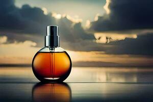 a bottle of perfume sitting on a table in front of the ocean. AI-Generated photo