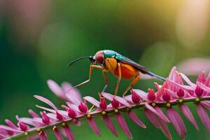 un vistoso insecto es encaramado en un rosado flor. generado por ai foto