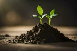 dos joven plantas creciente fuera de el suelo. generado por ai foto