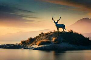 a deer stands on a small island in the middle of a lake. AI-Generated photo