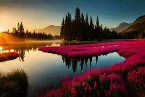 the sun rises over a lake with pink flowers. AI-Generated photo