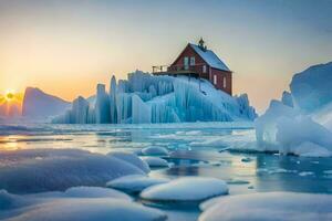 a red house sits on top of an iceberg. AI-Generated photo
