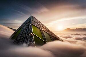 a pyramid shaped building is surrounded by clouds. AI-Generated photo