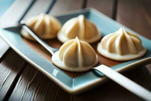 three dumplings sit on a plate with a fork. AI-Generated photo