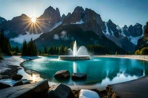 the sun shines over a fountain in a mountain lake. AI-Generated photo