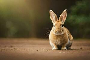 a rabbit sitting on the ground in front of a blurry background. AI-Generated photo