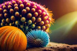 a colorful cactus and a colorful flower. AI-Generated photo