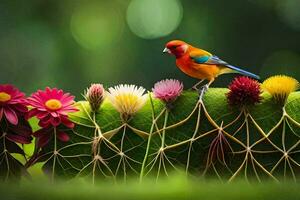 a colorful bird perched on top of a cactus. AI-Generated photo