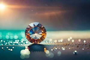 a diamond on a table with bokeh. AI-Generated photo