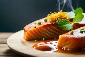salmon on a plate with sauce and green leaves. AI-Generated photo