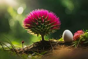 a pink flower and an egg sitting on the ground. AI-Generated photo