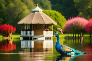 a peacock is standing in the water near a gazebo. AI-Generated photo