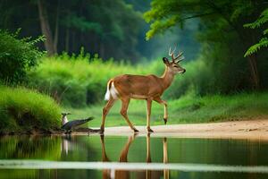 a deer is walking across a river in the forest. AI-Generated photo