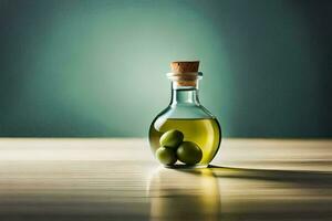 olive oil in a glass bottle on a wooden table. AI-Generated photo