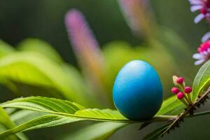 a blue egg sitting on a branch. AI-Generated photo