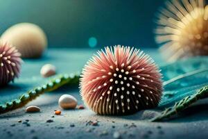 a close up of some spiky balls on a beach. AI-Generated photo