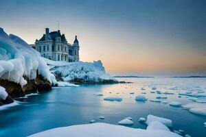 un castillo se sienta en parte superior de un iceberg en el medio de el océano. generado por ai foto