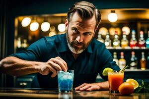 un hombre es haciendo un cóctel a un bar. generado por ai foto