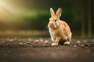 a small rabbit is sitting on the ground. AI-Generated photo