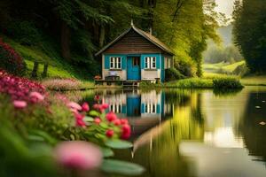 foto fondo de pantalla agua, flores, casa, el jardín, el lago, el estanque, el casa. generado por ai