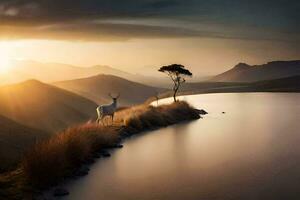 a deer stands on the edge of a lake at sunset. AI-Generated photo