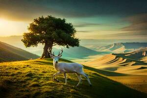 a white deer stands in the middle of a grassy hill. AI-Generated photo