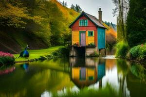 colorful house on the water with peacock in the background. AI-Generated photo