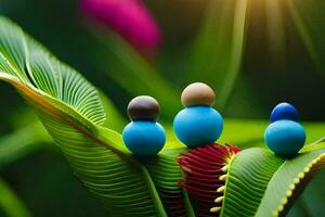 three blue balls sitting on a leaf. AI-Generated photo