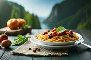 spaghetti with tomatoes and basil on a wooden table. AI-Generated photo