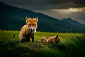 un madre zorro y su dos cachorros en el césped. generado por ai foto