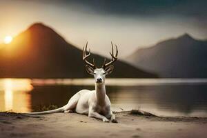 un blanco ciervo es sentado en el arena cerca un lago. generado por ai foto