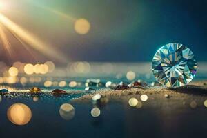 a diamond sitting on the sand with a bright light shining on it. AI-Generated photo