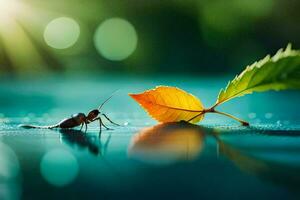 a bug and a leaf on a blue surface. AI-Generated photo